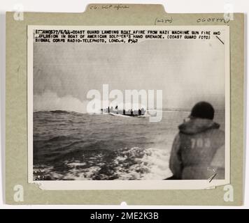 Coast Guard LCP Afire. Coast Guard landing boat afire from Nazi machine gun fire and explosion in boat of American soldier's hand grenade. Stock Photo