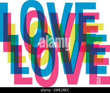 Effet de risographe. Modèle avec texte - mot amour. Texte en couleur sur fond blanc. Effet de double couleur. Motif vectoriel dans un style rétro. Pour tee-shirts, Illustration de Vecteur