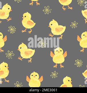 Motif bébé sans couture avec de jolis petits poules. Poussins jaunes amusants dans différentes poses. Illustration vectorielle. Illustration de Vecteur