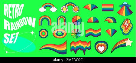 Ensemble boxer rétro à motif arc-en-ciel. Collection d'arcs-en-ciel style hippie psychédélique. Vintage style hippy fou divers abstrait irisée arche. Culture pop tendance éléments de design colorés et lumineux. Vecteur eps Illustration de Vecteur