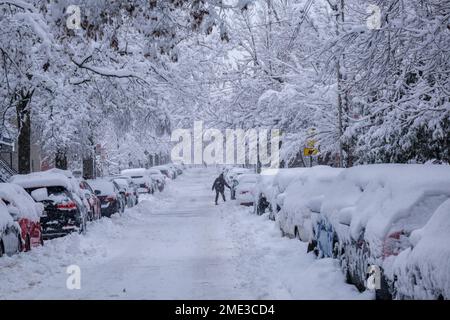 Montréal, Canada - 17 décembre 2022 : voitures couvertes de neige pendant la tempête de neige. Banque D'Images