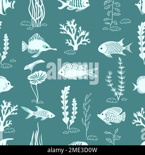 Fond vecteur de vie sous-marin de couleur bleue. Silhouettes de coraux, d'algues et de poissons sans couture Illustration de Vecteur