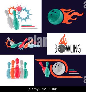 Ensemble de logos, d'icônes et de symboles aquarelle de bowling. Illustration vectorielle de boule de bowling et de broches. Éléments de conception. Illustration de Vecteur