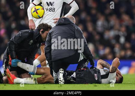 Aleksandar Mitrović #9 de Fulham reçoit un traitement pour une blessure pendant le match de Premier League Fulham vs Tottenham Hotspur à Craven Cottage, Londres, Royaume-Uni, 23rd janvier 2023 (photo par Mark Cosgrove/News Images) Banque D'Images