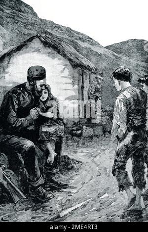 La légende de 1906 se lit comme suit : « L'EXPULSION EN IRLANDE.—la principale lutte politique durant le règne de Victoria a été la question de permettre à l'Irlande de se gouverner elle-même. Une grande partie de la terre il y a la propriété des propriétaires qui résident en Angleterre et ne connaissent rien de leurs locataires. Ces derniers sont donc parfois traités avec une dure cruelle, et la police même qui est chargée des expulser, de pitié et de chercher aux réconforter, comme dans notre illustration. » La Grande famine, aussi connue en Irlande sous le nom de la grande faim ou simplement de la famine et en dehors de l'Irlande sous le nom de la famine irlandaise, a été une période de famine et de dis Banque D'Images