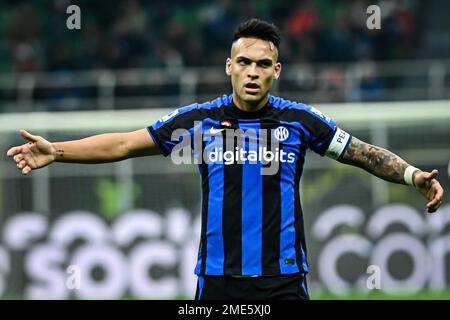 Milan, Italie. 23rd janvier 2023. Lautaro Martinez de FC Internazionale gestes pendant la série italienne Un match de football FC Internazionale vs Empoli à Milan, Italie sur 23 janvier 2023 Credit: Piero Cruciatti/Alamy Live News Banque D'Images