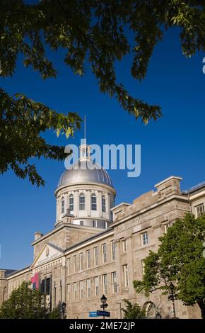 Construction du marché Bonsecours à travers des arbres à feuilles caduques au printemps, Vieux-Montréal, Québec, Canada. Banque D'Images