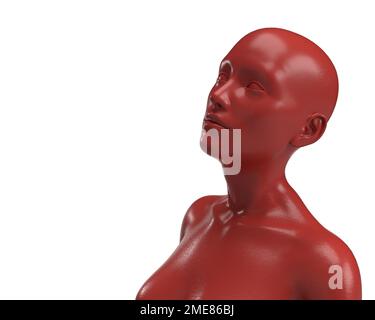 3D réalisation d'un portrait d'une femme chauve matte rouge sur fond blanc. Banque D'Images