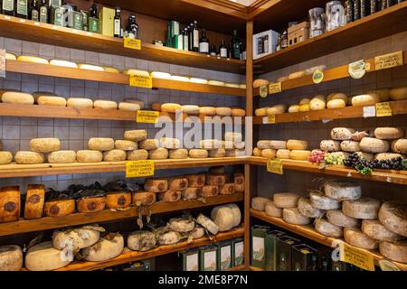 Variété de fromages à vendre dans un magasin de Pienza, Toscane, Italie. Banque D'Images