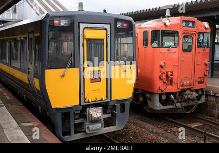 JR West s'entraîne à la gare de Yamaguchi, y compris un KiHa 187 Series Super Oki express et un KiHa 47 Series local. Banque D'Images