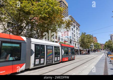 Le train léger de Sydney longe George Street dans la région de Haymarket à Sydney, dans un ciel bleu le jour d'été 2023, en Nouvelle-Galles du Sud, en Australie Banque D'Images