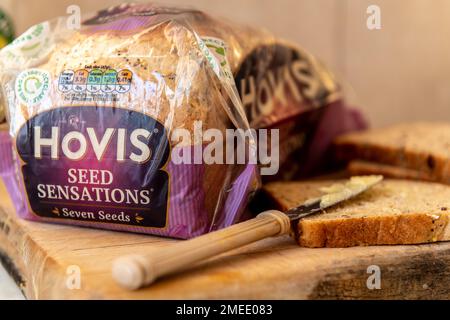 Londres. UK- 01.22.2023.Un paquet de pain Hovis Seed sensation sur une cuisine en bois. Banque D'Images