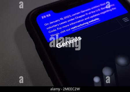 Gros plan logo de Genesis Trading vu dans son site Web dans un écran d'iPhone. En janvier 2022, Genesis a annoncé qu'elle avait déposé une demande de protection contre la faillite Banque D'Images