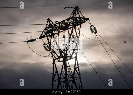 France, Lentilly, 2023-01-03. Gros plan d'un pylône électrique. Photographie de Franck CHAPOLARD Banque D'Images