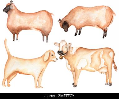 Ferme animaux Clipart, aquarelle main de la vache clip art, illustration de chien mignon, Sheeps clip art, Village Set Banque D'Images