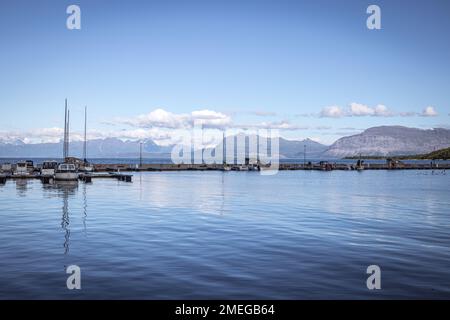 Bateaux dans le port de Harstad, Hinnøya, Troms og Finnmark, Norvège Banque D'Images