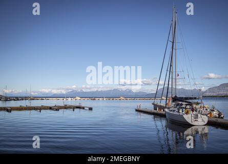 Bateaux dans le port de Harstad, Hinnøya, Troms og Finnmark, Norvège Banque D'Images