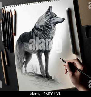 Photo en grand angle d'un loup dessinant en noir et blanc avec un stylo sur le livre blanc. Banque D'Images