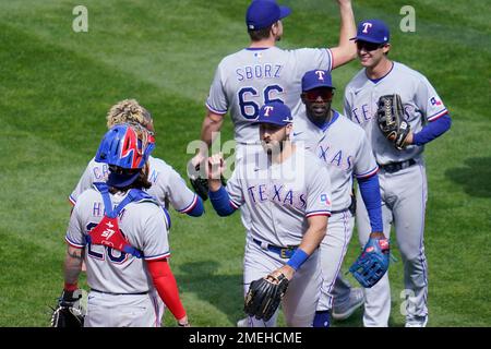 Texas Rangers' Rougned Odor fields a throw in a baseball game against the  Minnesota Twins in a baseball game Friday, June 22, 2018, in Minneapolis.  (AP Photo/Jim Mone Stock Photo - Alamy