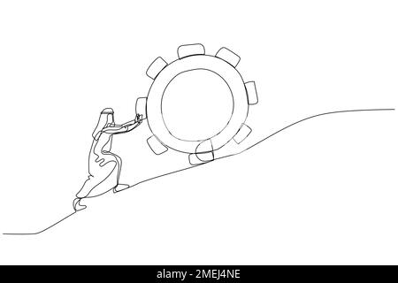homme arabe poussant les engins vers le haut métaphore de la persistance et du travail dur. Style art sur une seule ligne Illustration de Vecteur
