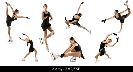 Ensemble d'icônes, images de jeune fille de l'adolescence, patineuse féminine junior en patinage de costume de scène noire isolée sur fond blanc. Concept de compétences Banque D'Images