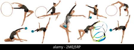 Ensemble de portraits dynamiques de gymnaste rythmique professionnelle féminine en mouvement, action isolée sur fond blanc. Collage. Concept d'action, mouvement Banque D'Images