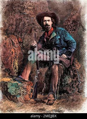 Buffalo Bill - soldat américain, chasseur de bisons et homme de spectacle - Portrait de William Frederick Cody (1846-1917), dit Buffalo Bill, militaire, aventurier et cavalier acteur americain. Gravure Banque D'Images