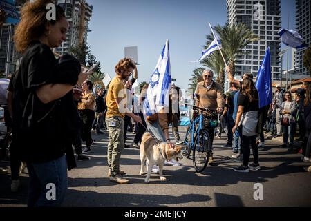 Tel Aviv, Israël. 24th janvier 2023. Les travailleurs israéliens de l'industrie des hautes technologies bloquent la route lors d'une protestation contre le nouveau gouvernement et les réformes à venir. Crédit : Ilia Yefimovich/dpa/Alay Live News Banque D'Images