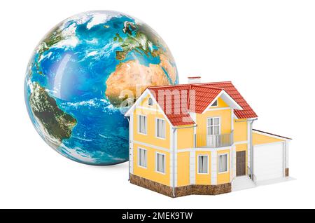 Maison avec Earth Globe, 3D rendu isolé sur fond blanc Banque D'Images