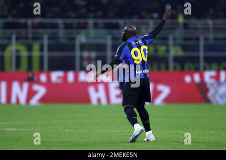 Milan, Italie. 23rd janvier 2023. Romelu Lukaku du FC Internazionale gestes pendant la série Un match de football entre le FC Internazionale et le FC Empoli au Stadio Giuseppe Meazza sur 23 janvier 2023 à Milan Italie . Credit: Marco Canoniero / Alamy Live News Banque D'Images