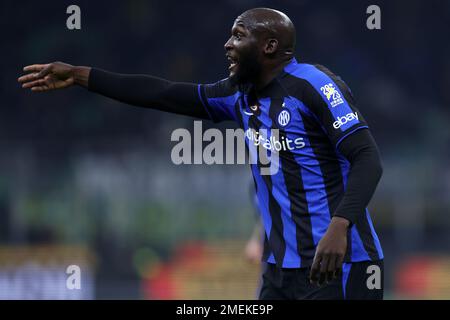 Milan, Italie. 23rd janvier 2023. Romelu Lukaku du FC Internazionale gestes pendant la série Un match de football entre le FC Internazionale et le FC Empoli au Stadio Giuseppe Meazza sur 23 janvier 2023 à Milan Italie . Credit: Marco Canoniero / Alamy Live News Banque D'Images