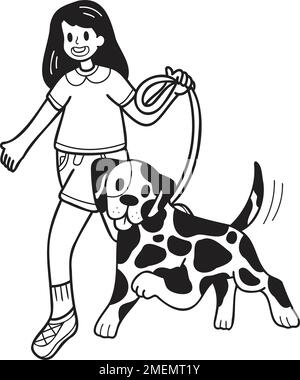 Chien dalmatien dessiné à la main marchant avec l'illustration du propriétaire dans le style Doodle isolé sur le fond Illustration de Vecteur