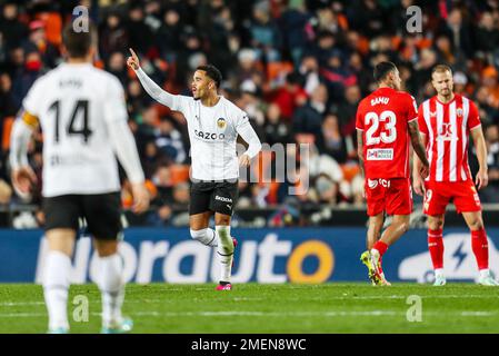 Justin Kluivert de Valence célèbre un but 1-0 lors du championnat d'Espagne la Ligue football match entre Valencia CF et UD Almeria sur 23 janvier 2023 au stade Mestalla à Valence, Espagne - photo: Ivan Ternon/DPPI/LiveMedia Banque D'Images