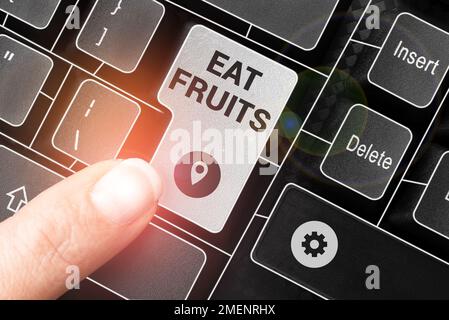 Écriture affichant le texte mangez des fruits, Aperçu des affaires consommez tout produit de croissance de la plante utile aux humains ou aux animaux Banque D'Images