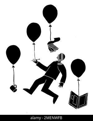 Illustration en noir et blanc de l'homme et de l'équipement de bureau attaché aux ballons flottant dans l'air Banque D'Images