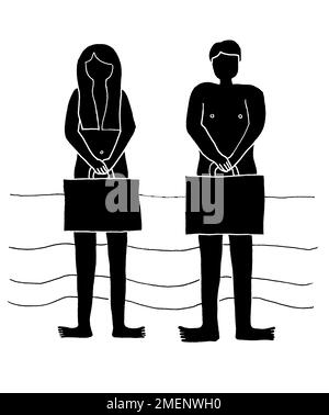 Illustration en noir et blanc d'un homme et d'une femme debout près de l'eau en utilisant des porte-documents pour se couvrir Banque D'Images