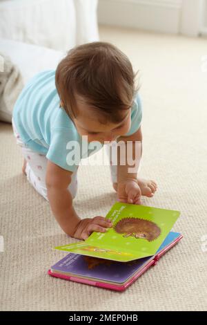 Bébé fille (11,5 mois) rampant sur la moquette avec la main sur livre d'images, vue de face Banque D'Images