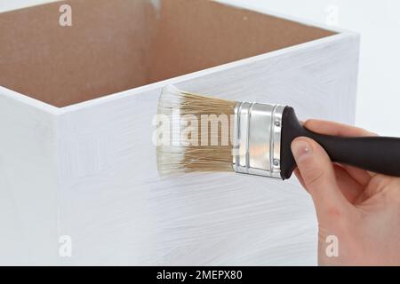 Femme utilisant une grande brosse pour peindre une émulsion blanche mate pour l'apprêt sur une boîte en bois, gros plan Banque D'Images