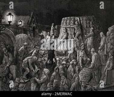 Apporter des marchandises à Covent Garden, Londres, tôt le matin. 19th siècle. Après une illustration de Gustave doré dans l'édition américaine de Londres 1890: Un pèlerinage écrit par Blanchard Jerrold et illustré par Gustave doré. Banque D'Images