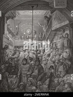 Tôt le matin au marché aux poissons de Billingsgate, Londres du 19th siècle. Après une illustration de Gustave doré dans l'édition américaine de Londres 1890: Un pèlerinage écrit par Blanchard Jerrold et illustré par Gustave doré. Banque D'Images