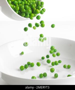 Verser les petits pois dans un bol Banque D'Images
