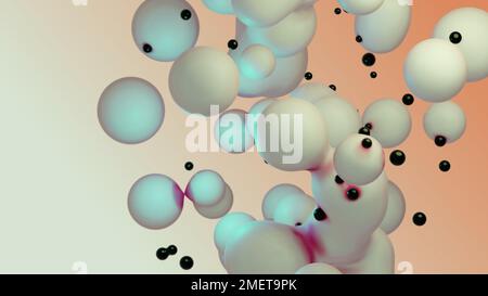Liquide fluide dynamique résumé animé blanc metaball sphères flottantes blobs gouttes bulles dans la transition déformation fond beige avec noir Banque D'Images
