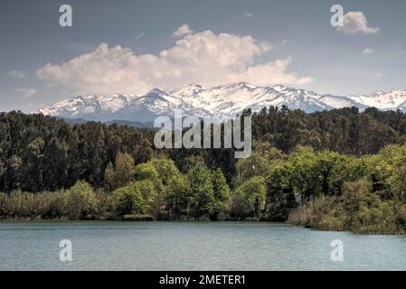 Printemps en Crète, HDR, lac d'Agia, arbres, montagnes enneigées, Lefka Ori, White Mountains, ciel bleu clair, nuages blancs, Crète occidentale, Île de Banque D'Images