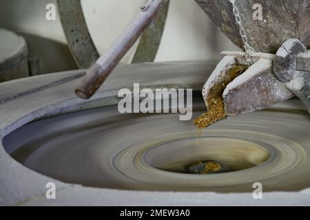 Blé tombant sur la meule à eau à Molino Grifoni, moulin produisant de la farine de pierre depuis 1696, à Castel San Niccolò, Toscane, Italie Banque D'Images