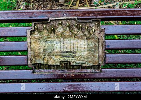 Une plaque dédiée à ceux qui ont travaillé dans les institutions de blanchisserie de Magdalenen en Irlande sur un banc à St Stephen’s Green. Dévoilé en 1996. Banque D'Images