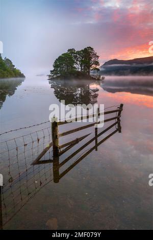 Derwentwater Sunrise, Lake District, Royaume-Uni. Une clôture en bois inondée menant à la vue brumeuse d'un ciel coloré, se reflétant dans l'eau. Banque D'Images