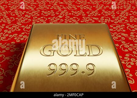 Bullion d'or pur sur fond rouge avec des motifs dorés ressemblant à des nuages. Illustration du concept de richesse, de métaux précieux et d'investissement Banque D'Images