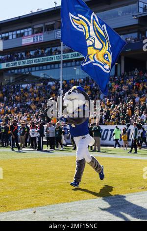 La mascotte de l'État du Dakota du Sud Jacklapines Jack est le drapeau en fête lors du championnat national de la NCAA Division I FCS 2023 à Toyota Stadi Banque D'Images