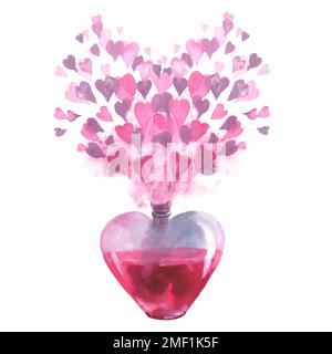 Aquarelle amour potion élixir dans l'illustration de bouteille en forme de coeur. Clipart de flacon rose dessiné à la main isolé sur fond blanc. Pour la Saint-Valentin Banque D'Images