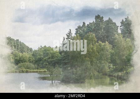 Peinture numérique aquarelle des bois et des rives des lacs de pêche de Cannock Chase, AONB, Staffordshire, Angleterre, Royaume-Uni. Banque D'Images